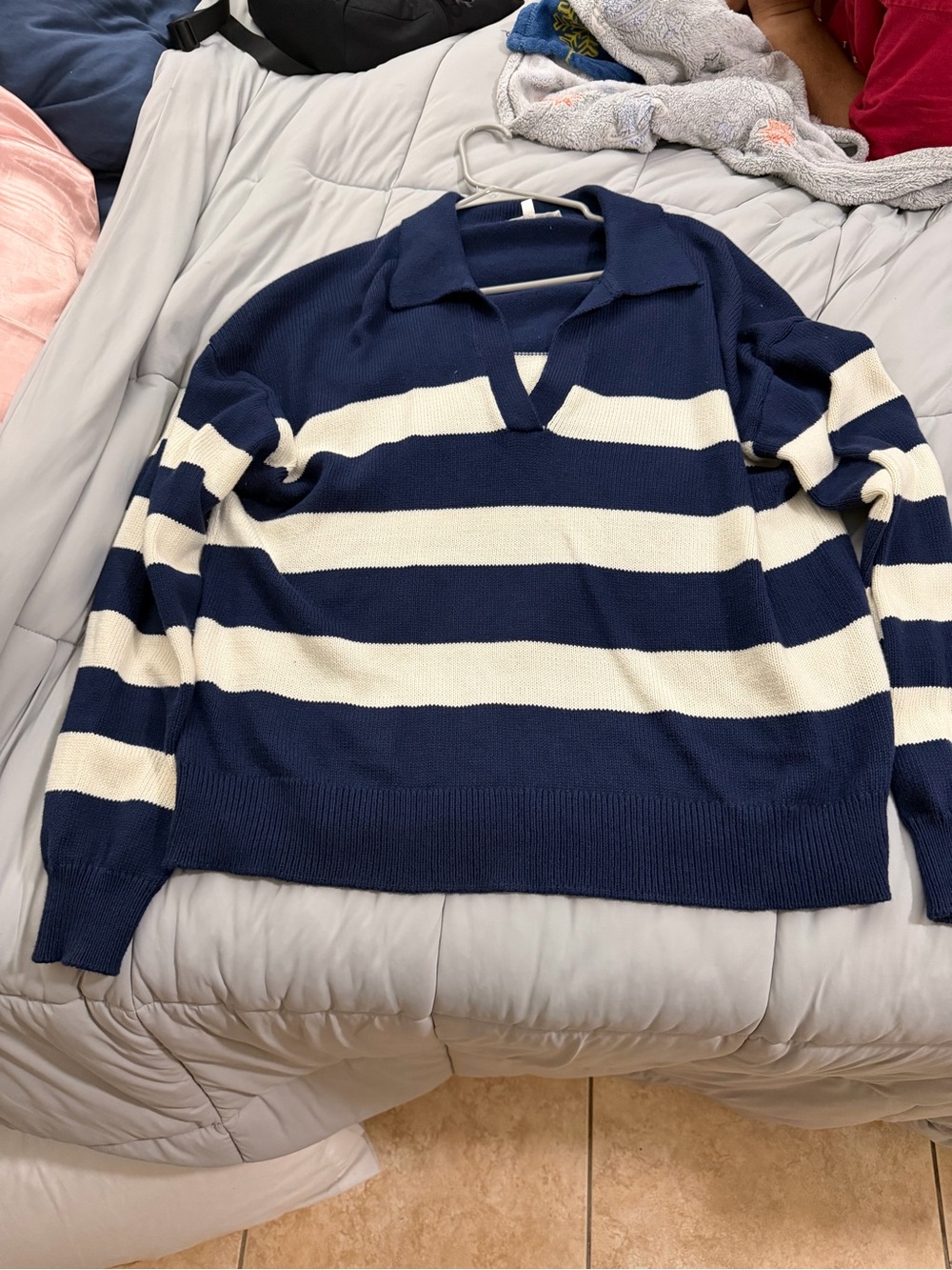 Workshop Republic Clothing Navy & White Striped V‑Neck Collar Sweater